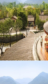 Small bridge flowing water in the hotel